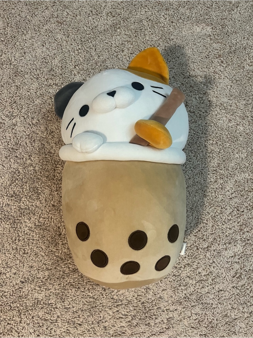 Squishmallow-Style Bubble Tea Cat Plush in White and Tan